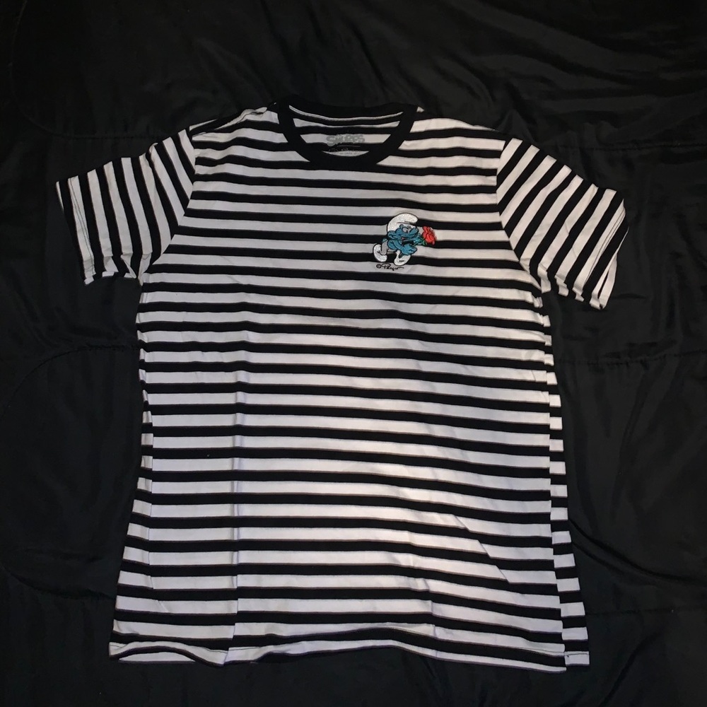 Black and White stripped shirt w/ smurf design
